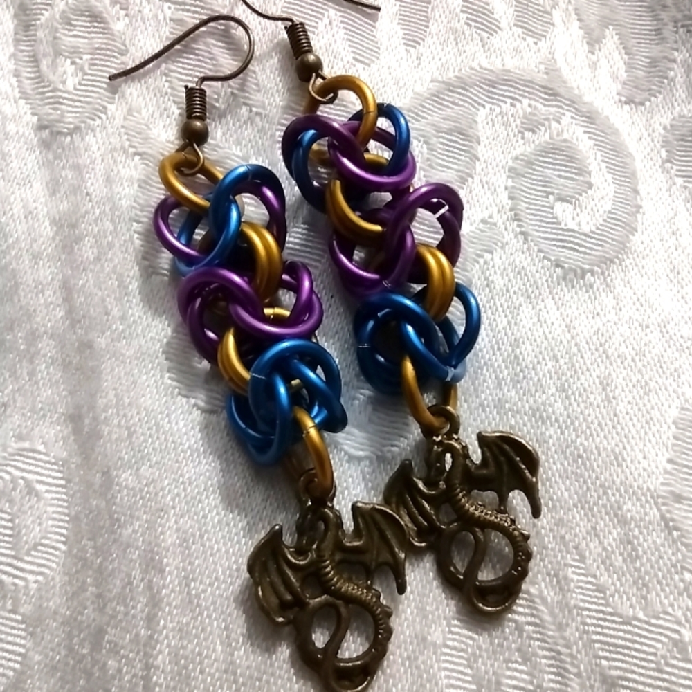 Handmade Dragon chainmail dangle earrings